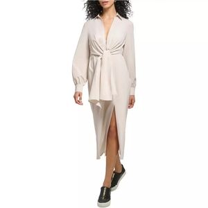 DKNY Beige Tie Front Collared Long Sleeve Midi Dress Side Slit Business Size 6